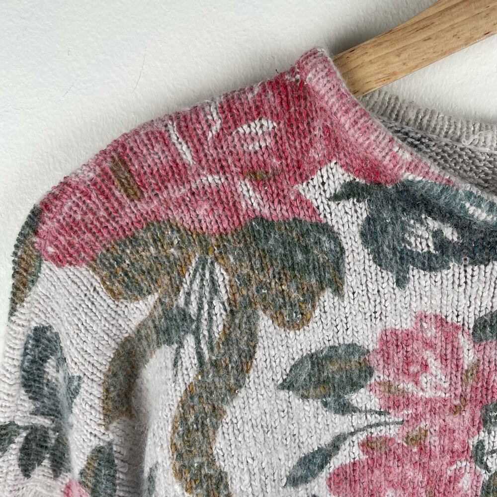 80s Vintage Sweater Womens M Floral Silk Angora Blend Fuzzy Knit Boxy Coquette - Picture 2 of 9